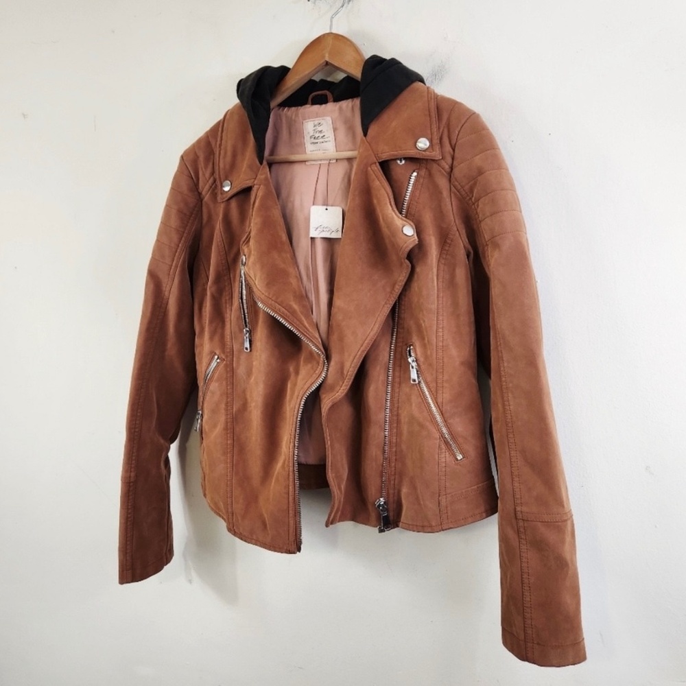 We The Free by Free People Harriett Tan Leather Jacket with Hood, Size M, NWT